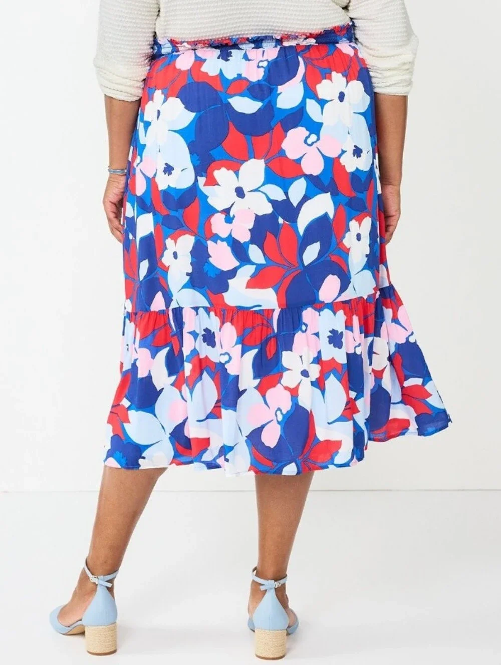 Draper James RSVP Blue Floral Tiered Midi Skirt with Red and Pink Accents NWOT - Picture 11 of 11